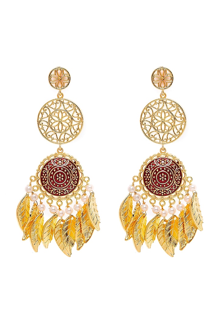 Gold Finish Pearl Dangler Earrings by Zerokaata Jewellery