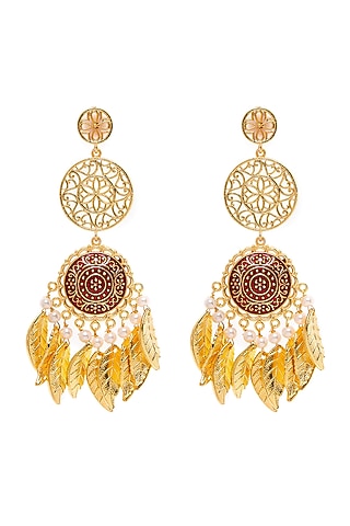 Gold Finish Pearl Dangler Earrings by Zerokaata Jewellery