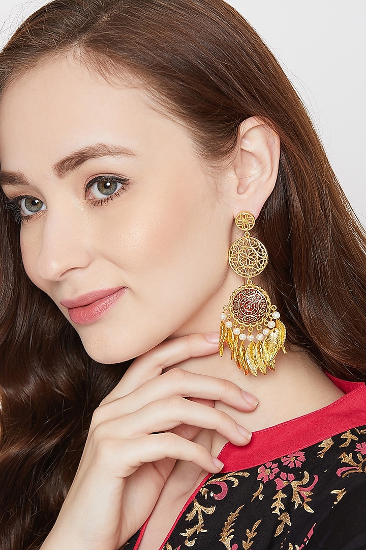 Gold Finish Pearl Dangler Earrings by Zerokaata Jewellery at Pernia's Pop Up Shop
