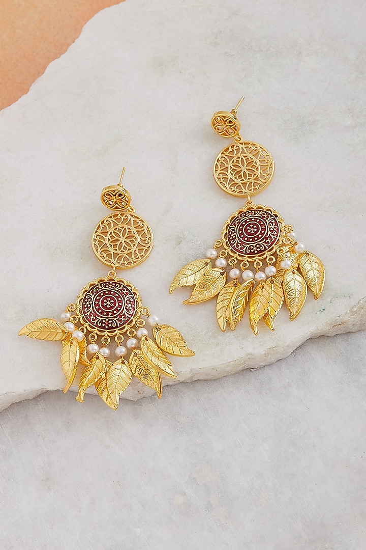 Gold Finish Pearl Dangler Earrings by Zerokaata Jewellery at Pernia's Pop Up Shop