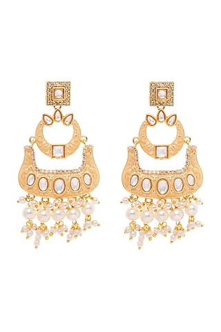 Gold Finish Kundan & Pearl Dangler Earrings by Zerokaata Jewellery