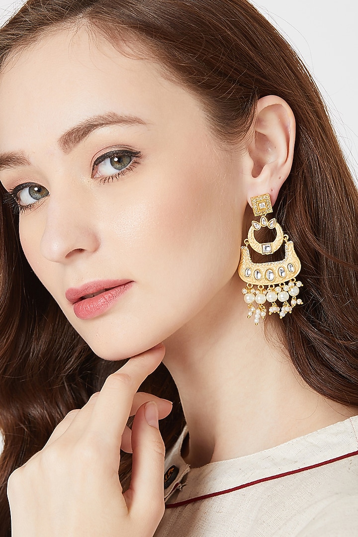 Gold Finish Kundan & Pearl Dangler Earrings by Zerokaata Jewellery at Pernia's Pop Up Shop