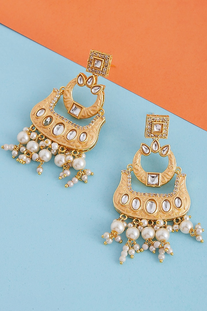 Gold Finish Kundan & Pearl Dangler Earrings by Zerokaata Jewellery at Pernia's Pop Up Shop