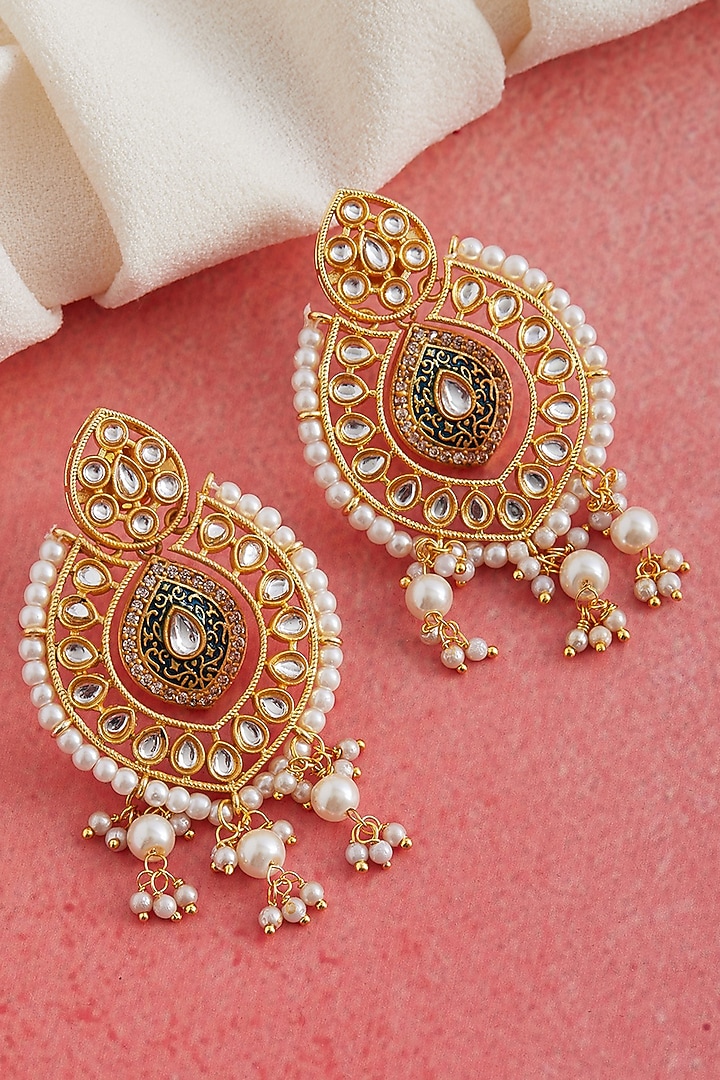 Gold Finish Kundan Polki Dangler Earrings by Zerokaata Jewellery at Pernia's Pop Up Shop