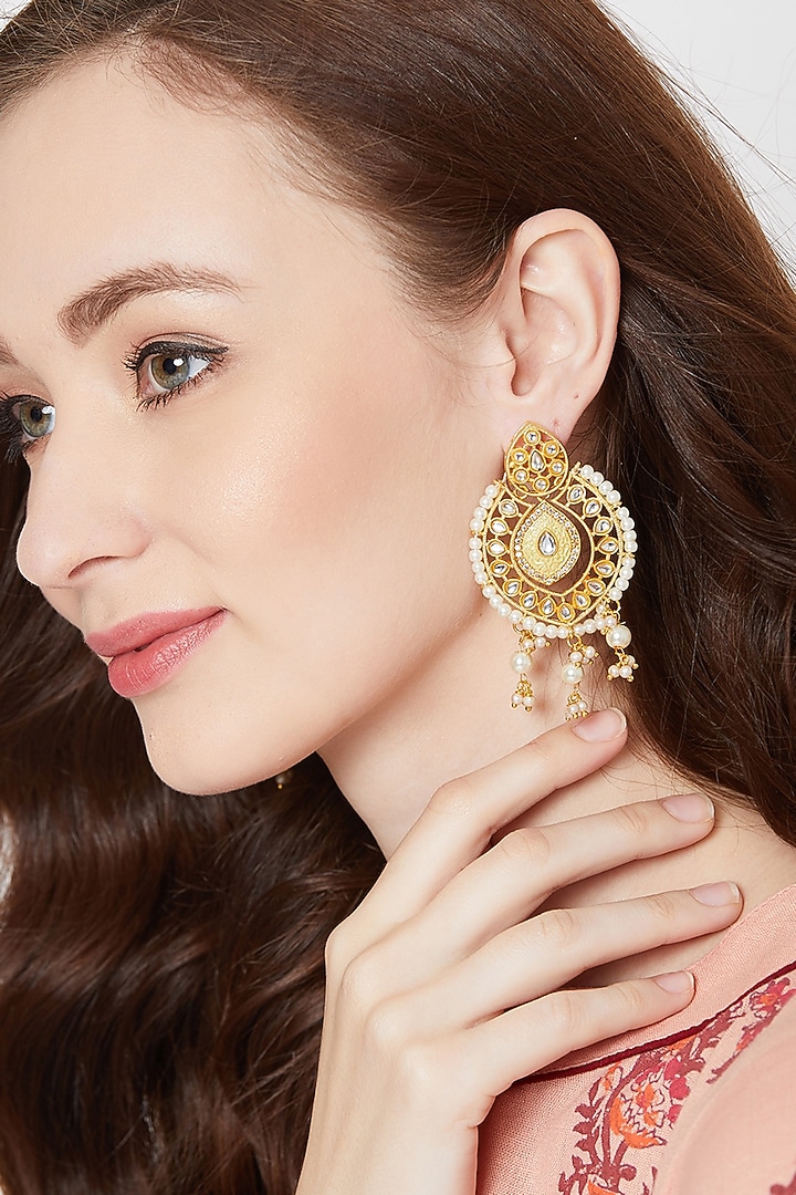 Gold Finish Dangler Earrings With Kundan by Zerokaata Jewellery at Pernia's Pop Up Shop