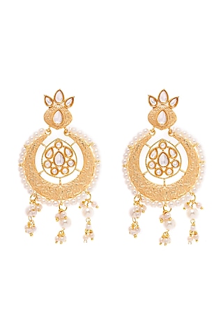 Gold Finish Floral Motif Chandbali Earrings by Zerokaata Jewellery
