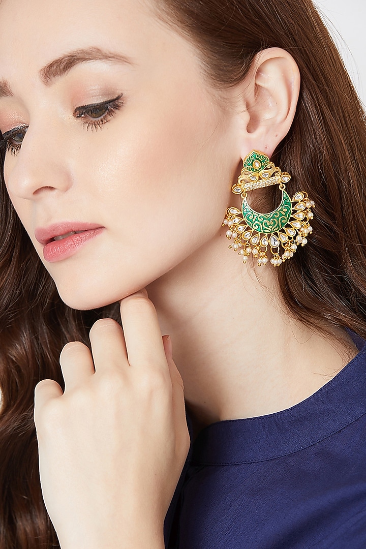 Gold Finish Pearl Chandbali Earrings by Zerokaata Jewellery at Pernia's Pop Up Shop