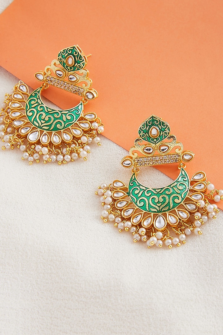 Gold Finish Pearl Chandbali Earrings by Zerokaata Jewellery at Pernia's Pop Up Shop