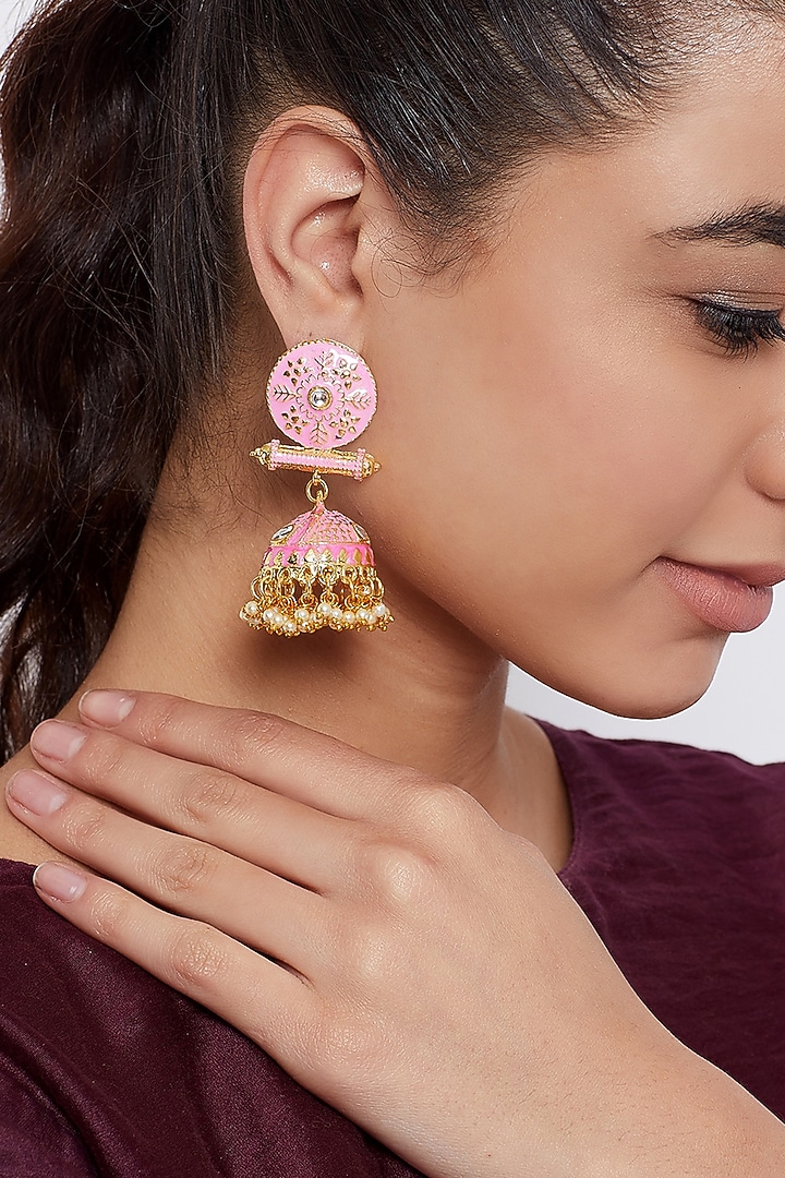 Two Tone Finish Pearl Jhumka Earrings by Zerokaata Jewellery at Pernia's Pop Up Shop