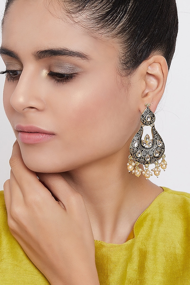 Two Tone Finish Pearl Dangler Earrings by Zerokaata Jewellery at Pernia's Pop Up Shop