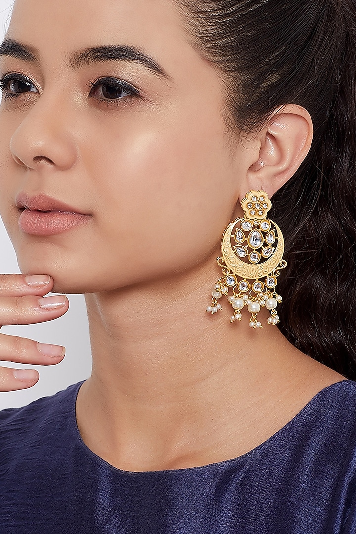 Gold Finish Chandbali Earrings With Pearls by Zerokaata Jewellery at Pernia's Pop Up Shop