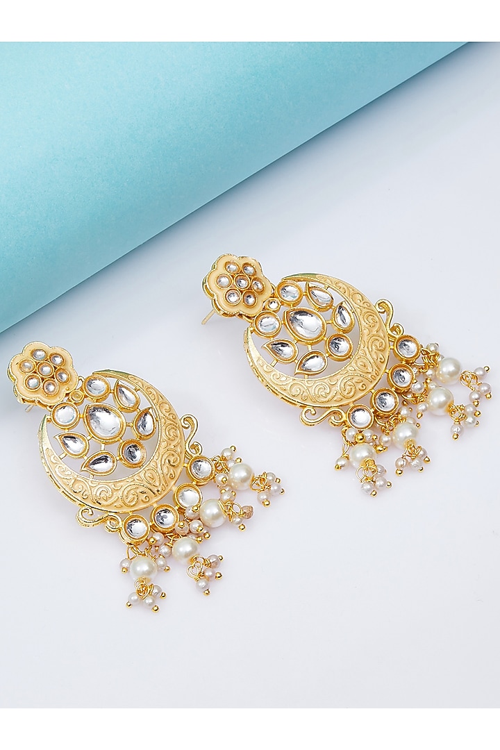 Gold Finish Chandbali Earrings With Pearls by Zerokaata Jewellery at Pernia's Pop Up Shop