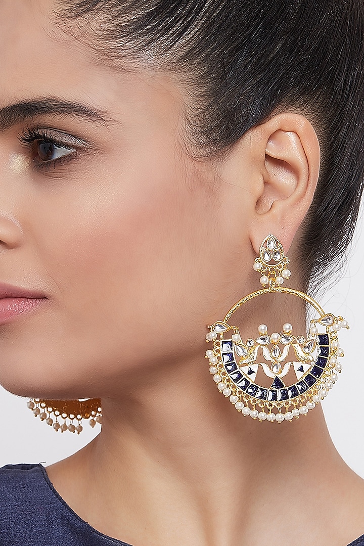 Gold Finish Kundan & Pearl Dangler Earrings by Zerokaata Jewellery at Pernia's Pop Up Shop