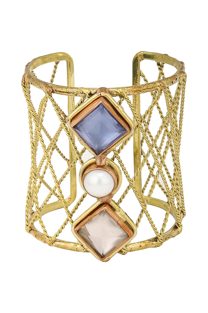 Gold Finish Rose Quartz and Blue Crystal Stone Hand Cuff by Zerokaata Jewellery