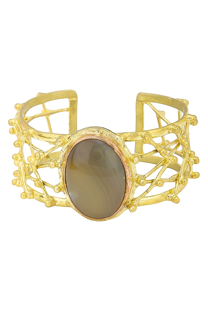 Gold Finish Handcuff with Criss Cross Pattern and Semi Precious Stones by Zerokaata Jewellery