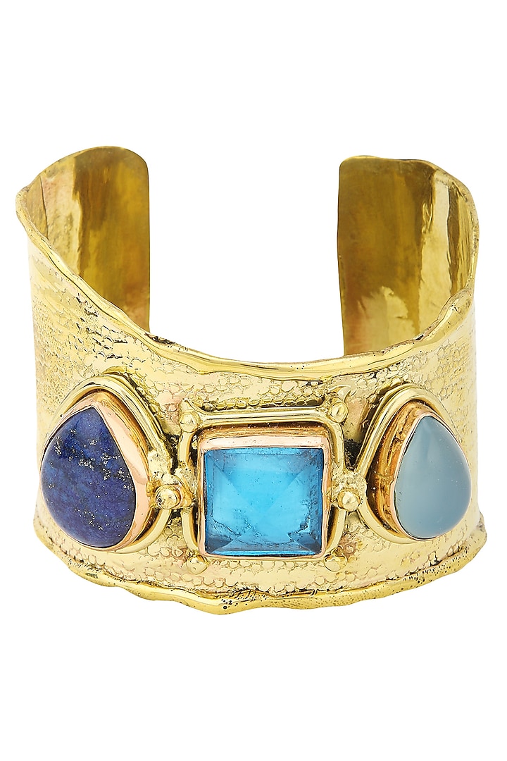 Gold Finish Blue Crystal Stones Hand Cuff by Zerokaata Jewellery