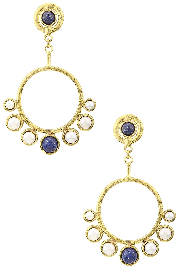 Gold Finish Lapis Pearl Earrings by Zerokaata Jewellery