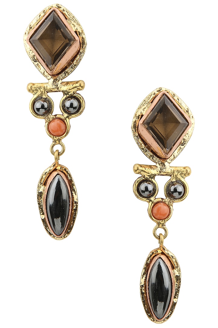Gold Finish Hematite Red Stone Earrings by Zerokaata Jewellery
