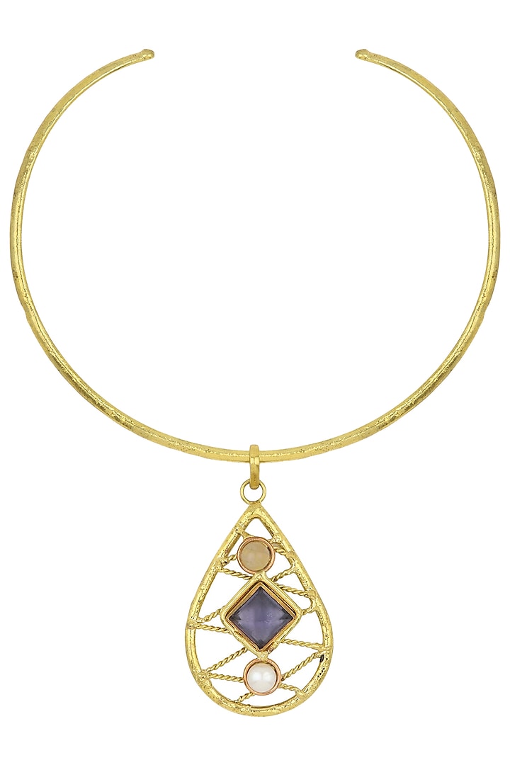 Gold Finish Rose Quartz Pearl Necklace by Zerokaata Jewellery