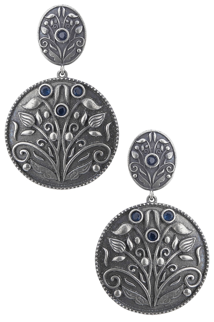 Silver plated floral blue stone earrings by Zerokaata Jewellery