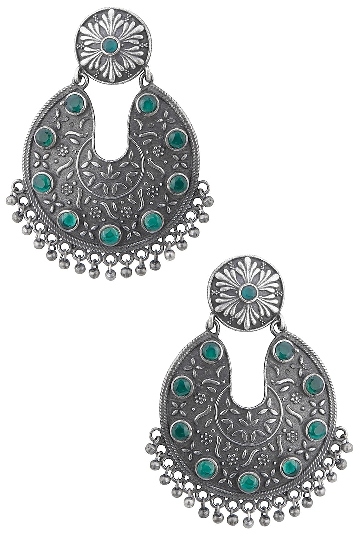 Silver plated floral green stone earrings by Zerokaata Jewellery