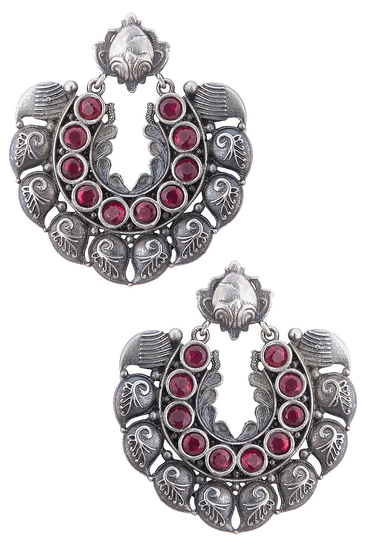 Silver plated deep red stone earrings by Zerokaata Jewellery