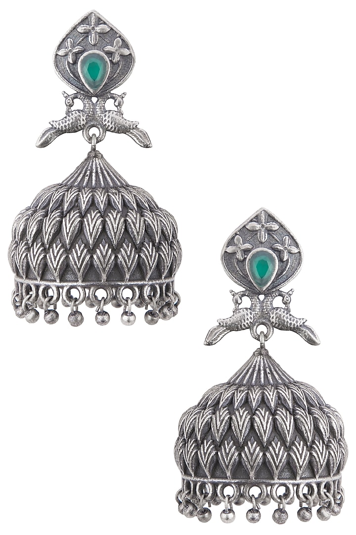 Silver plated emerald stone jhumki earrings by Zerokaata Jewellery