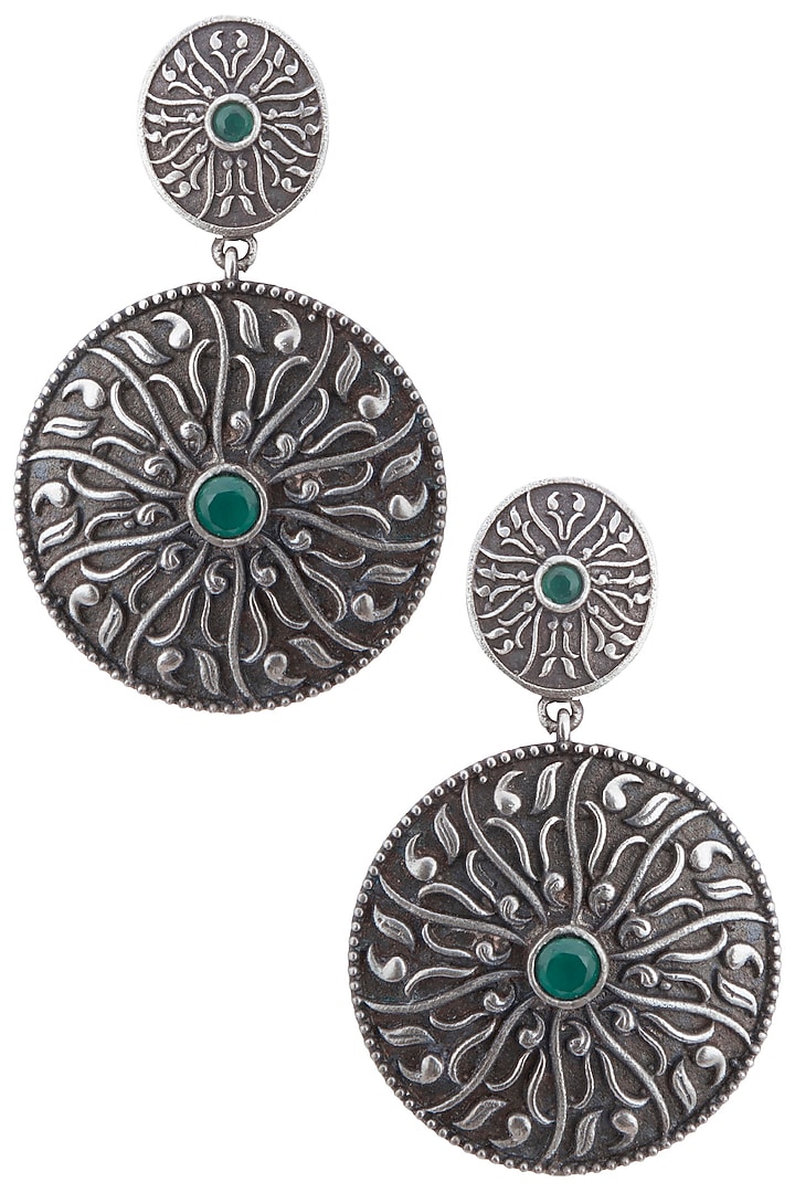 Silver plated green stone circular earrings by Zerokaata Jewellery