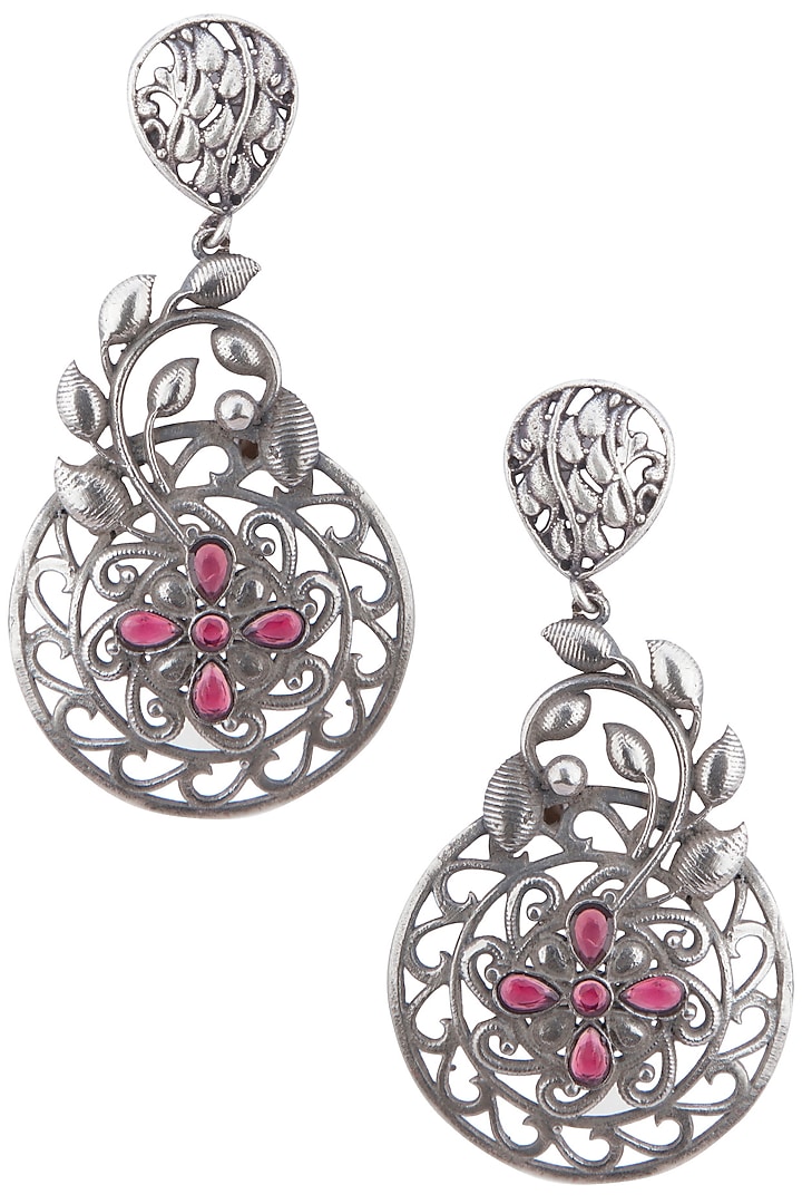 Silver plated red stone dangler earrings by Zerokaata Jewellery