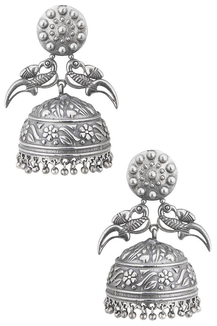 Silver plated rajasthani peacock jhumki earrings by Zerokaata Jewellery