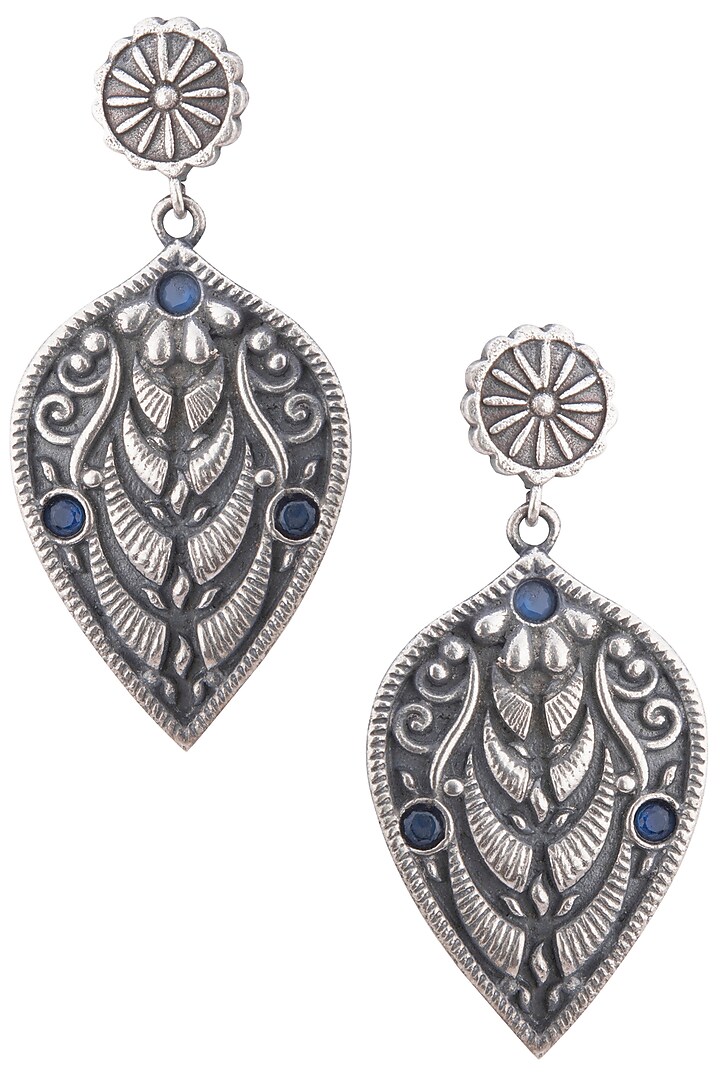 Silver pleated blue stone leaf earrings by Zerokaata Jewellery