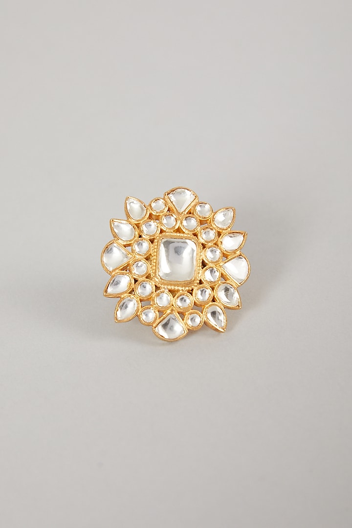 Gold Plated Handcrafted Polki Ring In Sterling Silver by Zeeya Luxury Jewellery
