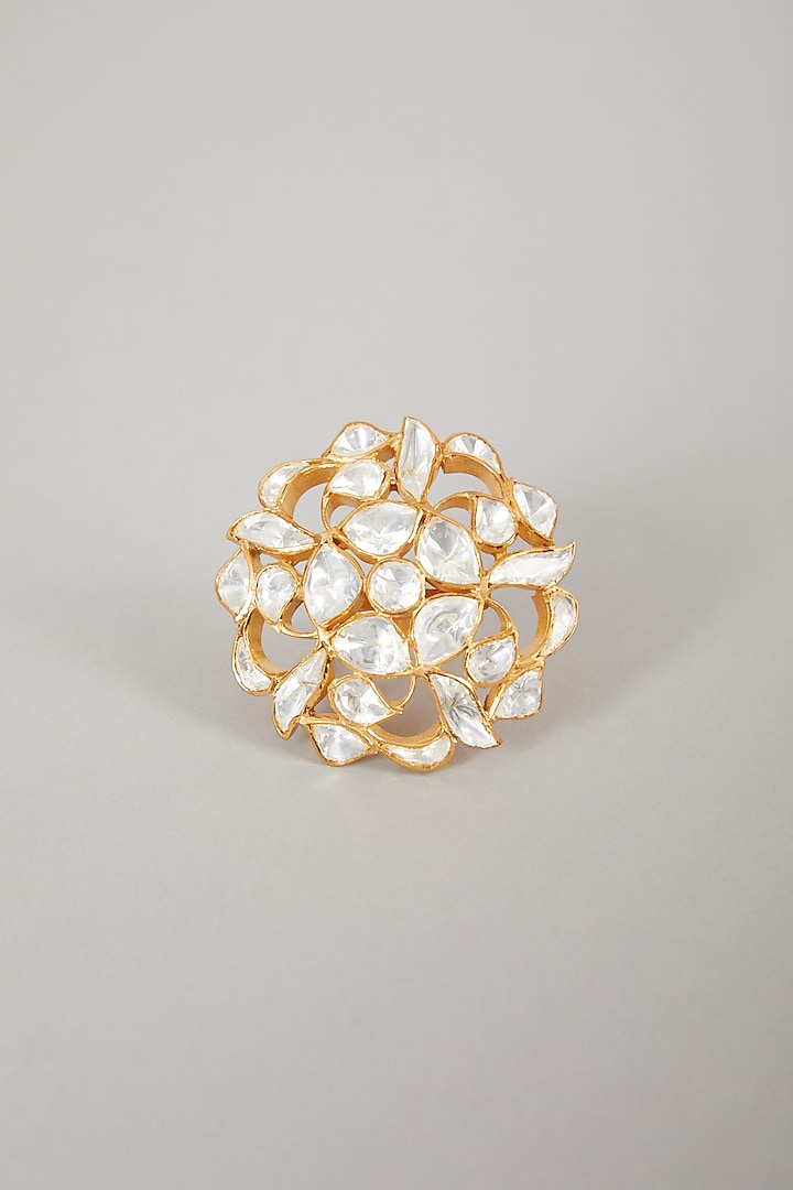 Gold Plated Ring With Moissanite Polki In Sterling Silver by Zeeya Luxury Jewellery
