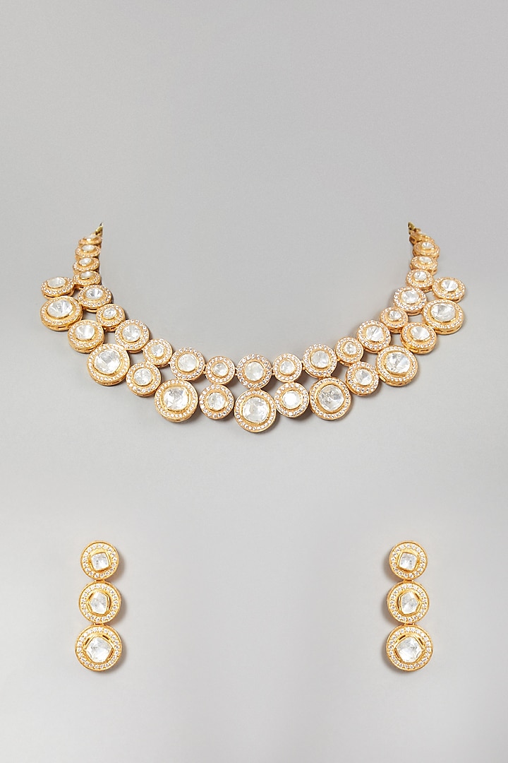 Gold Plated Polki Necklace Set In Sterling Silver by Zeeya Luxury Jewellery