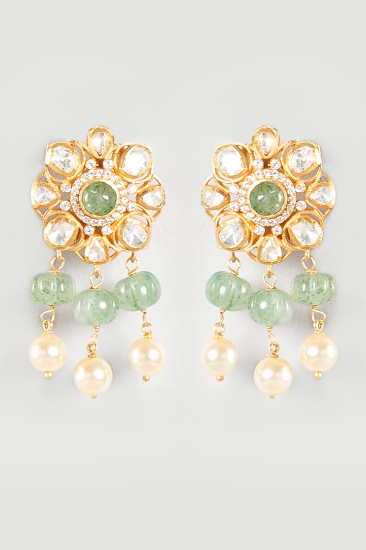 Gold Finish Emerald Synthetic Stones Earrings In Sterling Silver by Zeeya Luxury Jewellery