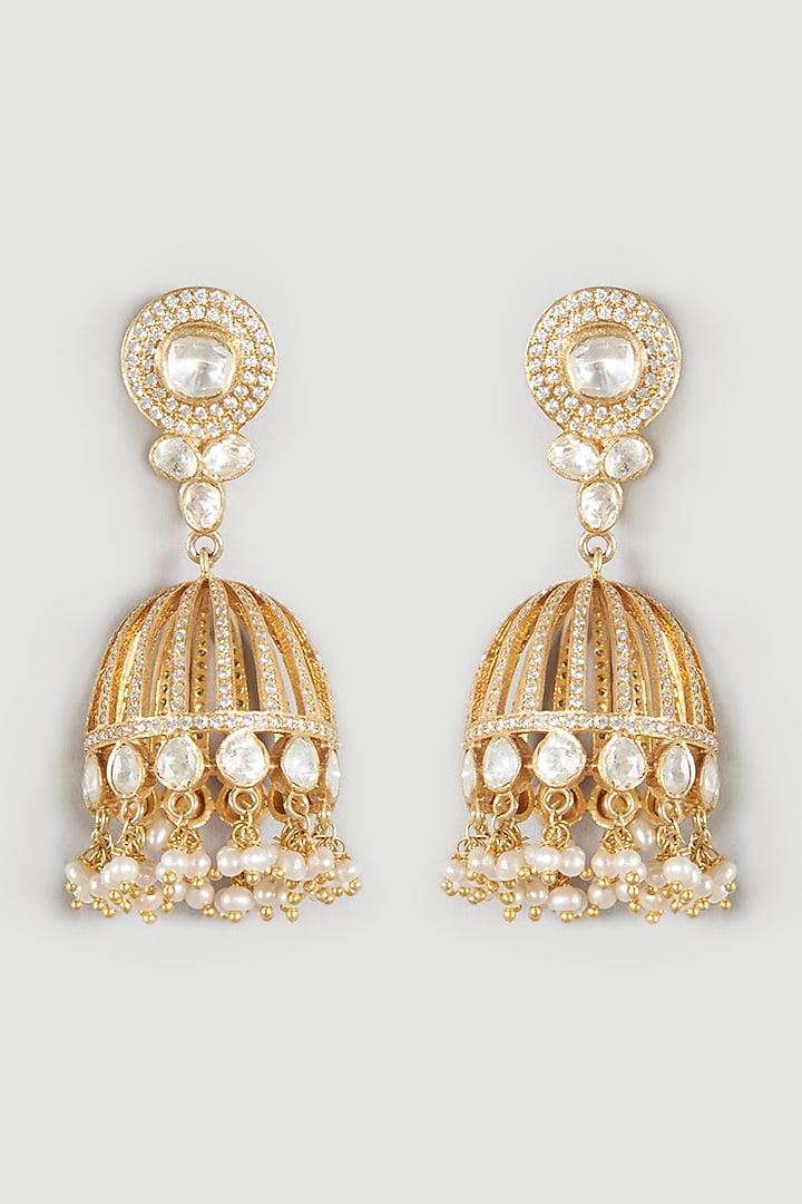 Gold Finish Moissanite Polki Earrings In Sterling Silver by Zeeya Luxury Jewellery at Pernia's Pop Up Shop