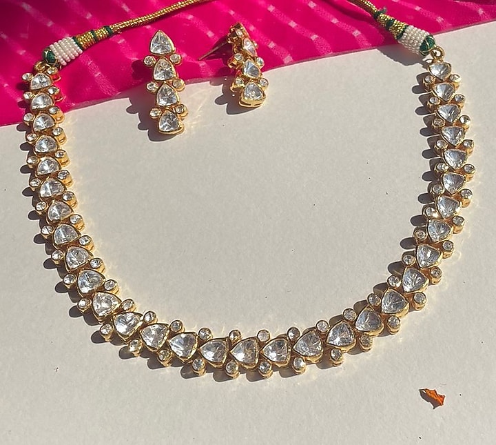 Gold Plated Moissanite Kundan Polki Handcrafted Necklace Set In Sterling Silver by Zeeya Luxury Jewellery at Pernia's Pop Up Shop