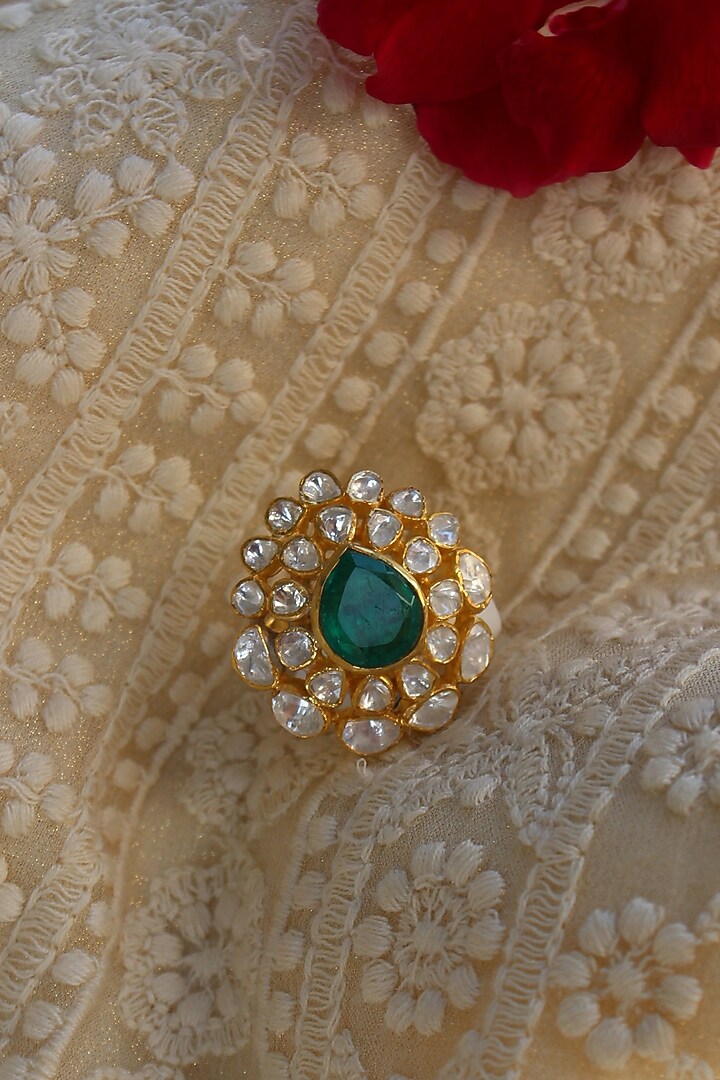 Gold Plated Moissanite Kundan Polki Handcrafted Ring In Sterling Silver by Zeeya Luxury Jewellery at Pernia's Pop Up Shop