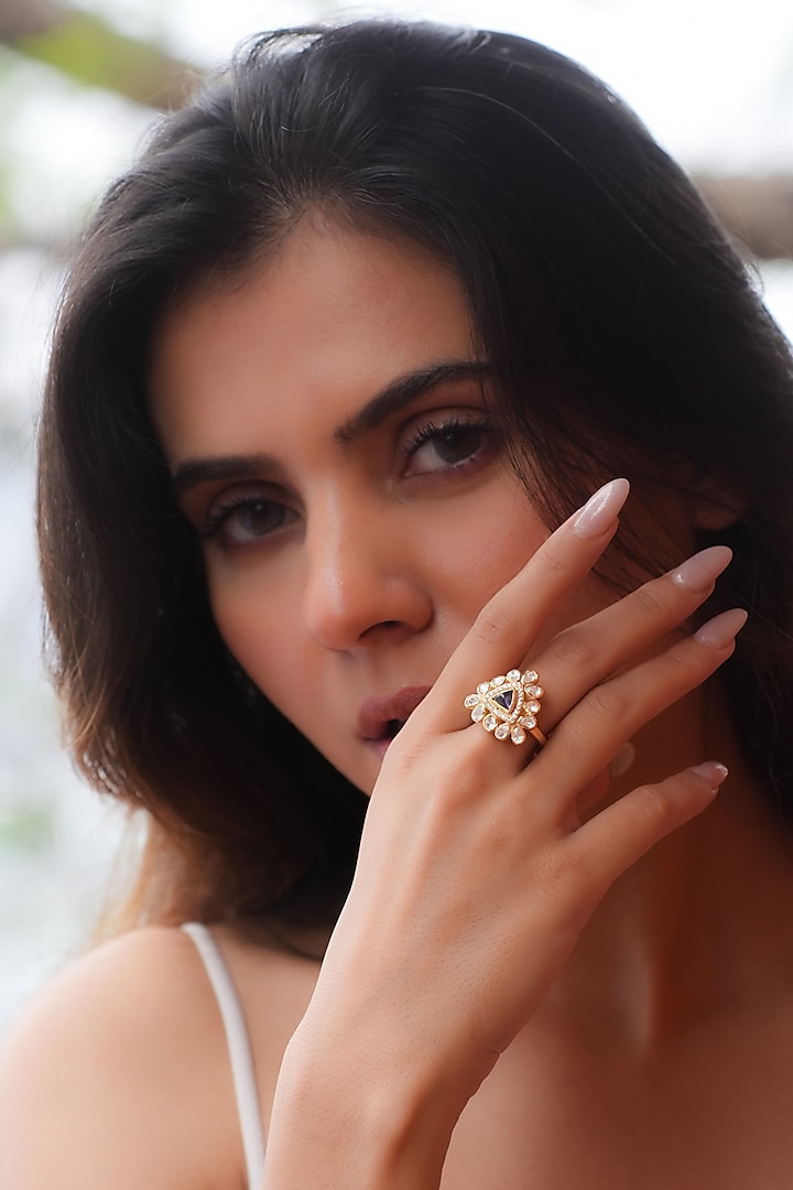 Gold Plated Moissanite Polki & Semi-Precious Stone Ring In Sterling Silver by Zeeya Luxury Jewellery at Pernia's Pop Up Shop