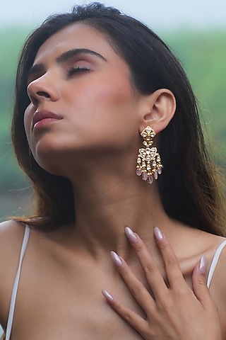 Gold Plated Moissanite Polki & Semi-Precious Stone Chandbali Earrings In Sterling Silver by Zeeya Luxury Jewellery