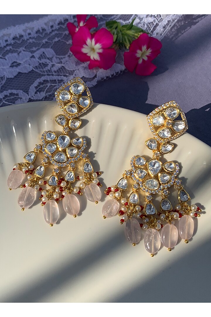 Gold Plated Moissanite Polki & Semi-Precious Stone Chandbali Earrings In Sterling Silver by Zeeya Luxury Jewellery at Pernia's Pop Up Shop