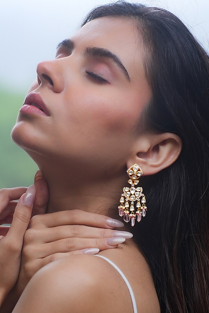 Gold Plated Moissanite Polki & Semi-Precious Stone Chandbali Earrings In Sterling Silver by Zeeya Luxury Jewellery at Pernia's Pop Up Shop