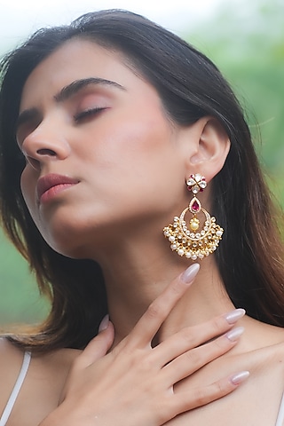 Gold Plated Moissanite Polki & Semi-Precious Stone Chandbali Earrings In Sterling Silver by Zeeya Luxury Jewellery