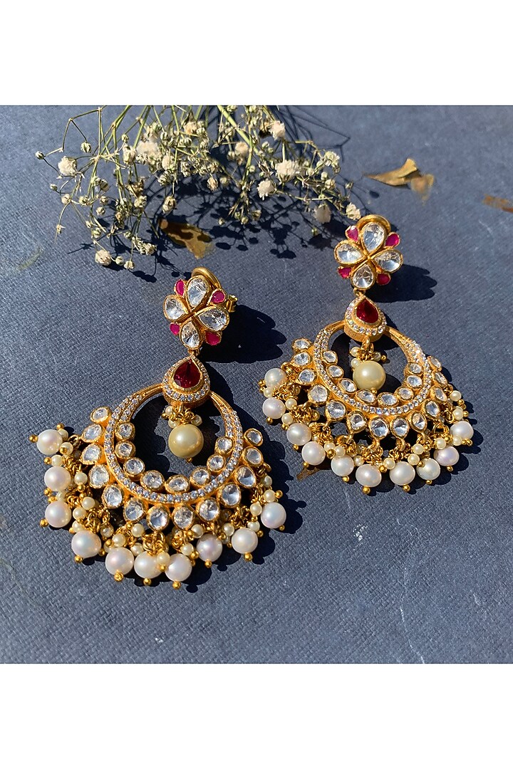 Gold Plated Moissanite Polki & Semi-Precious Stone Chandbali Earrings In Sterling Silver by Zeeya Luxury Jewellery at Pernia's Pop Up Shop