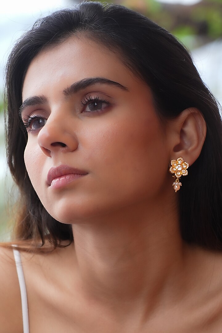 Gold Plated Moissanite Polki & Semi-Precious Stone Dangler Earrings In Sterling Silver by Zeeya Luxury Jewellery at Pernia's Pop Up Shop