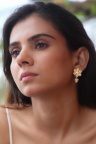 Gold Plated Moissanite Polki & Semi-Precious Stone Dangler Earrings In Sterling Silver by Zeeya Luxury Jewellery