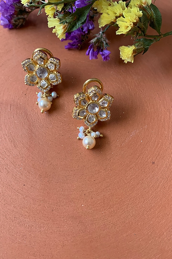 Gold Plated Moissanite Polki & Semi-Precious Stone Dangler Earrings In Sterling Silver by Zeeya Luxury Jewellery at Pernia's Pop Up Shop