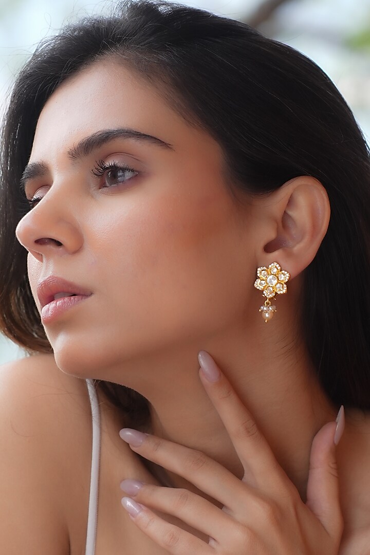 Gold Plated Moissanite Polki & Semi-Precious Stone Dangler Earrings In Sterling Silver by Zeeya Luxury Jewellery at Pernia's Pop Up Shop