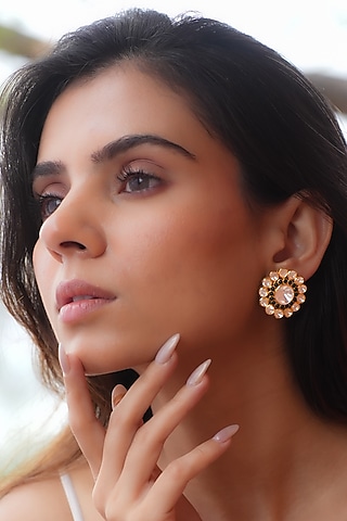 Gold Plated Moissanite Polki & Semi-Precious Stone Stud Earrings In Sterling Silver by Zeeya Luxury Jewellery