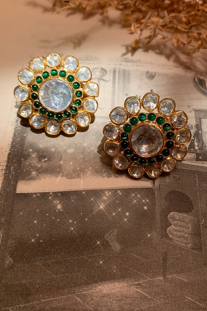 Gold Plated Moissanite Polki & Semi-Precious Stone Stud Earrings In Sterling Silver by Zeeya Luxury Jewellery at Pernia's Pop Up Shop